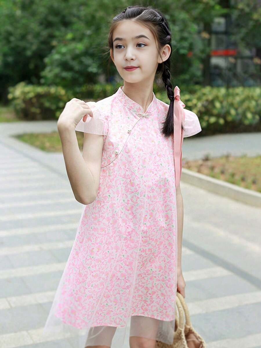 Annil 夏季少女連衣裙 網眼復古花卉中式旗袍短袖裙 粉紅色 - 粉色 - 查看 1