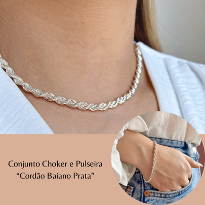Kit Choker + Pulseira Cordão Baiano Prata Conjunto Choker Pulseira Prateado