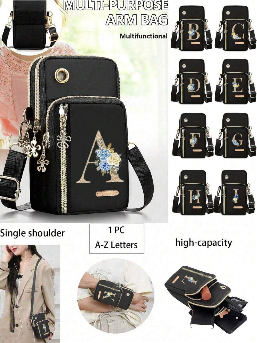 1入金色字母A-Z花卉印花便攜手機包，送給女士的生日禮物，感謝老師，大容量可重複使用，送給女士，母親，老師，朋友，伴娘，情人節禮物，學生，適合日常使用，生日，假日，度假，海灘，旅行，通勤，野餐，露營，家庭必備 - 黑色 - 查看 1