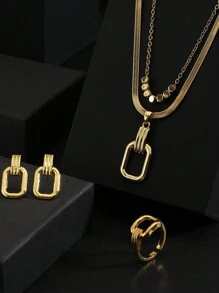 4入組時尚高品質不鏽鋼幾何光澤吊墜蛇骨鏈項鍊 + 耳環 + 戒指3件套裝，適用於女士婚禮宴會珠寶套裝，多用途金色黃色配飾