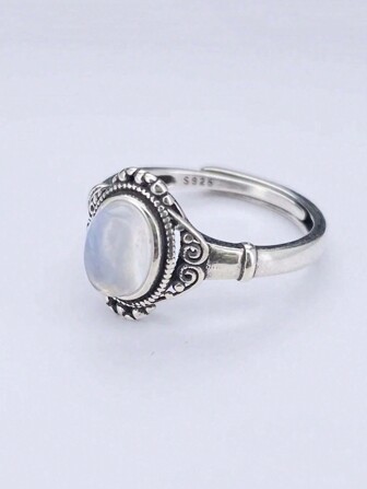 100% 925 纯银天然宝石月光石女士戒指经典时尚柄可调节戒指珠宝礼物