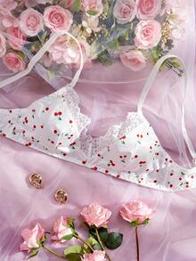 Women Fruit Print Lace Patchwork Fashionable Bra - White - View 3
