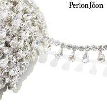 Perlon Joon 1 Yard Kristall Kette mit Wassertropfen Blatt Dekor, Silber Glas Anhänger mit Strass Besatz, Accessoire für Brautkleid Hochzeit Dekoration - Silber - Übersicht 7