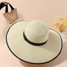 2入組時尚復古法式寬沿草帽，黑色緞帶點綴，配有優雅手提包，綁帶飾物，可摺疊，透氣，防紫外線，適合時尚女士，完美適用於海灘旅行 - 彩色 - 查看 7
