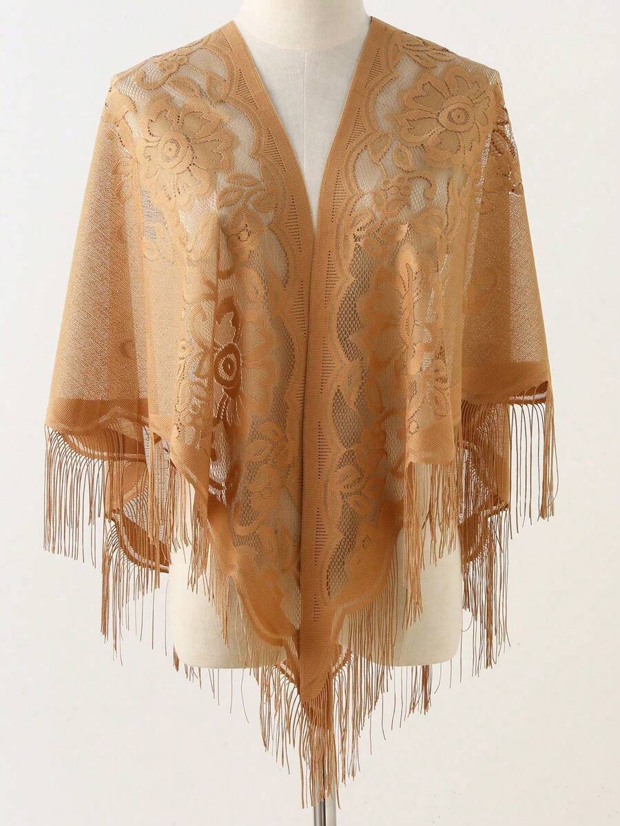 1 件女士镂空流苏设计蕾丝派对披肩围巾配饰女士情人节 - 駝色 - 查看 1