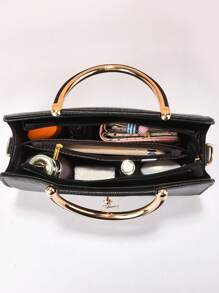 2pcs/Set Spring New Fashion PU Leather Handbag, Includes 1 Medium Shoulder Bag Suitable For Women & Girls As A Stylish Minimalist Commuter Bag, Decorated With Scarf, Business Casual Tote Bag, Perfect For Office, Business And Work Occasions, Ideal For Everyday Elegance And Special Events, Also The Best Mother's Day Gift. - Black - View 4