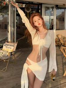 2023 New Female Knitted Four-Piece Bikini Set Summer - Apricot - View 6