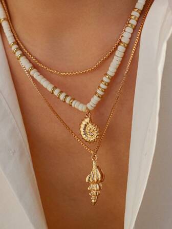 Conjunto de 3 piezas de collar con colgante de concha con patrón de espiral de moda y simple con cuentas de coco, adecuado para uso diario de hombres