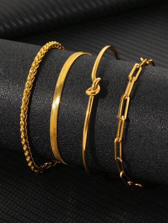 4pcs/Set Stainless Steel Simple Hip Hop Punk Style Chain Bracelet, Unisex, Suitable For Wearing At Music Festivals