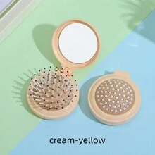 可折疊鏡子奶酪造型便攜式鏡子，卡通可愛按摩梳一體化小折疊氣墊梳