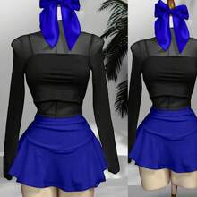 Conjunto de 3 piezas de falda manga larga con transparencia top de tirantes crop falda corta de olan con volantes pretina ancha moño de liston coquette - Azul - Ver 2