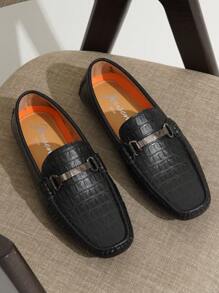 SHOESMALL Men's Metal Decor Black Casual Loafers Crocodile Printed Slip On Shoes  Penny Leisure Round Toe Flat Shoes For Outdoor Manfinity Unisex - AMY3044A-黑色 - 查看 5