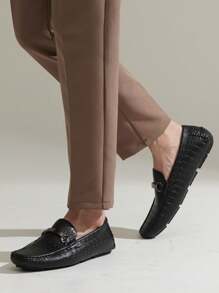 SHOESMALL Men's Metal Decor Black Casual Loafers Crocodile Printed Slip On Shoes  Penny Leisure Round Toe Flat Shoes For Outdoor Manfinity Unisex - AMY3044A-黑色 - 查看 10