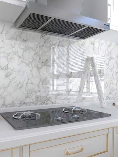 1 Roll White & Gray Marble Texture PET Wallpaper, 15.74/23.62/31.49 Inches Wide, Waterproof Oil-Resistant Heat-Resistant Self-Adhesive Vinyl Wall Sticker, Removable Kitchen Wallpaper, Peel And Stick, Suitable For Kitchen, Office, Living Room, Dining Room Wall Protection, Countertop, Cabinet, Table, Drawer, Furniture Renovation And Home Decor