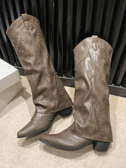 Retro Rivet High Tube Boot French Style Women's Boots, Versatile Western Knight Boots, Short Stature Long Tube Boots, Cowboy Boots For Women