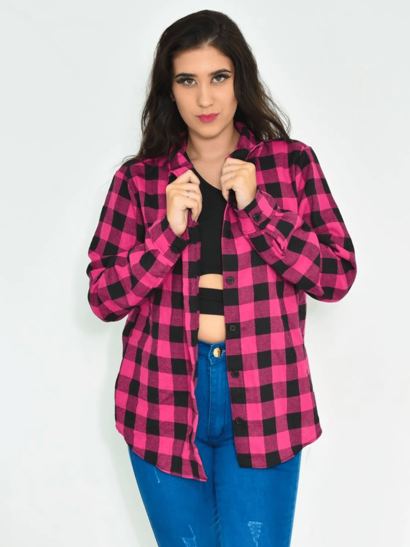 Checkered Women's Shirt - 玫紅色 - 查看 1