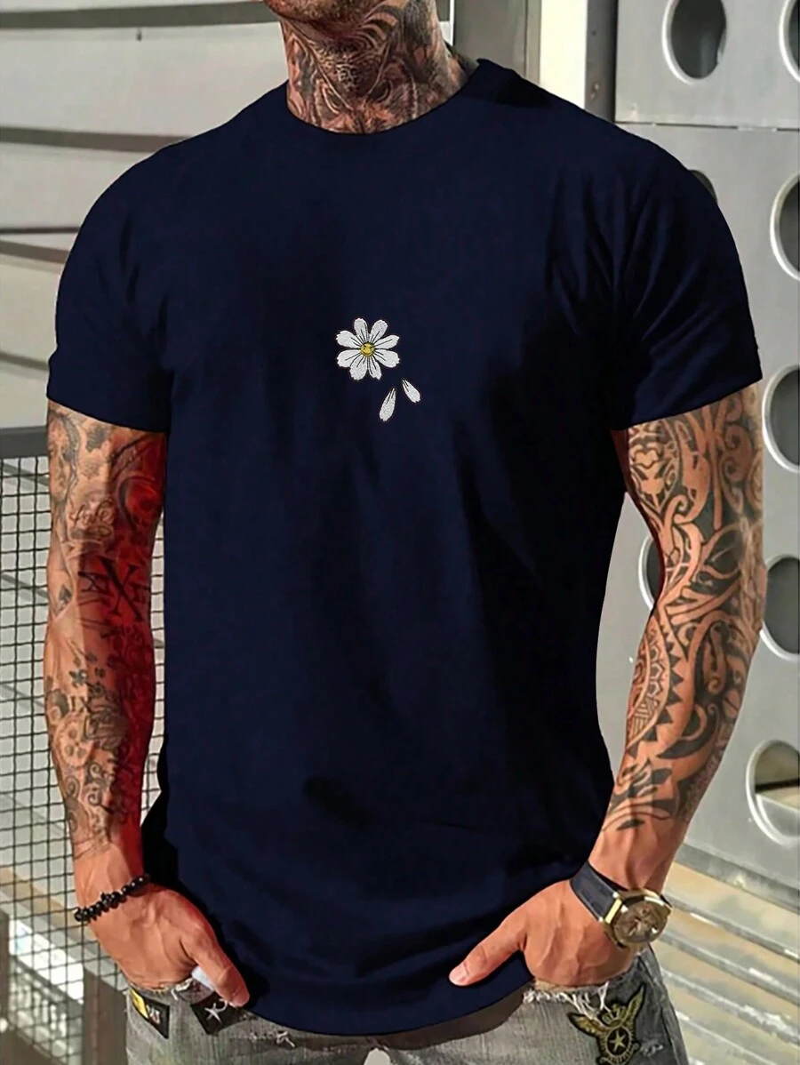 Men's Floral Embroidery Drop Shoulder T-Shirt - 寶藍色 - 查看 1