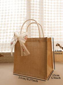 1pc Burlap Tote Bag With Lace Ribbon And Handle Shopping Bag,Beach Bag Holiday Gift For Loved Ones Jute Gift Handbags For Wedding ,Bridesmaid,Grocery Shopping,Women Brithday Party