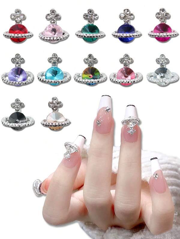 10 Pack And 6 Grid Long Bar Pack Nail Alloy Jewelry, Rhinestone Decoration, Three-Dimensional Planet, Pop Culture, Earth Planet, 12 Colors, Super Shiny Planet, Lovely Luxury Series