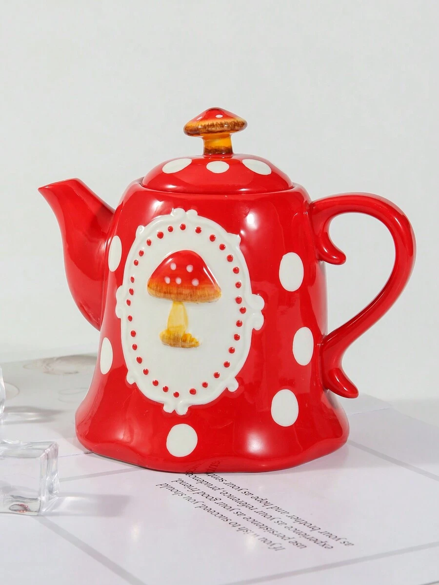 陶瓷紅色蘑菇造型茶壺，配彩釉，INS風格設計，適用於家庭、會所、派對使用 - 彩色 - 查看 1