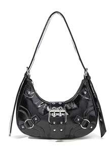 Bolso de estilo juvenil Y2K de chica caliente de unicolor y con remaches, versátil bolsa de mensajero, bolso de mano, bolso de hombro y bolso cruzado para mujeres - Negro - Ver 1