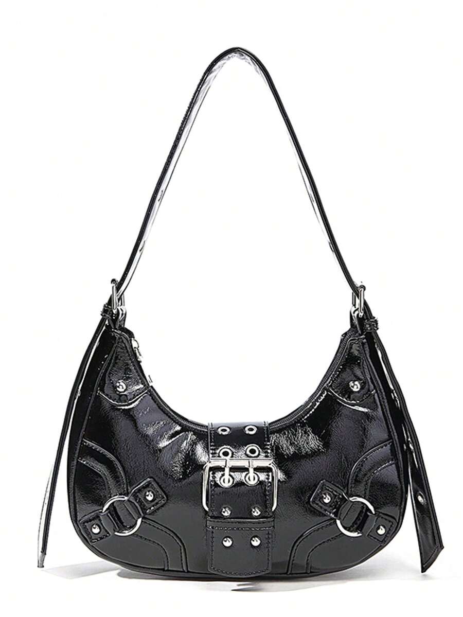 Bolso de estilo juvenil Y2K de chica caliente de unicolor y con remaches, versátil bolsa de mensajero, bolso de mano, bolso de hombro y bolso cruzado para mujeres - Negro - Ver 1