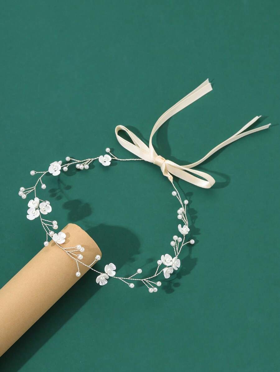 1件女款手工花朵與仿珍珠軟鏈髮箍,新娘婚禮派對夏季海灘節慶優雅髮飾 - 銀色 - 查看 1