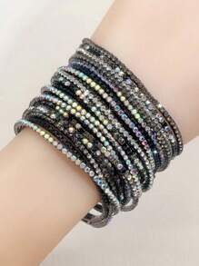1 套黑色、灰色、黑色和灰色协调颜色、白色水钻弹性手链，适合女士、日常穿着和派对