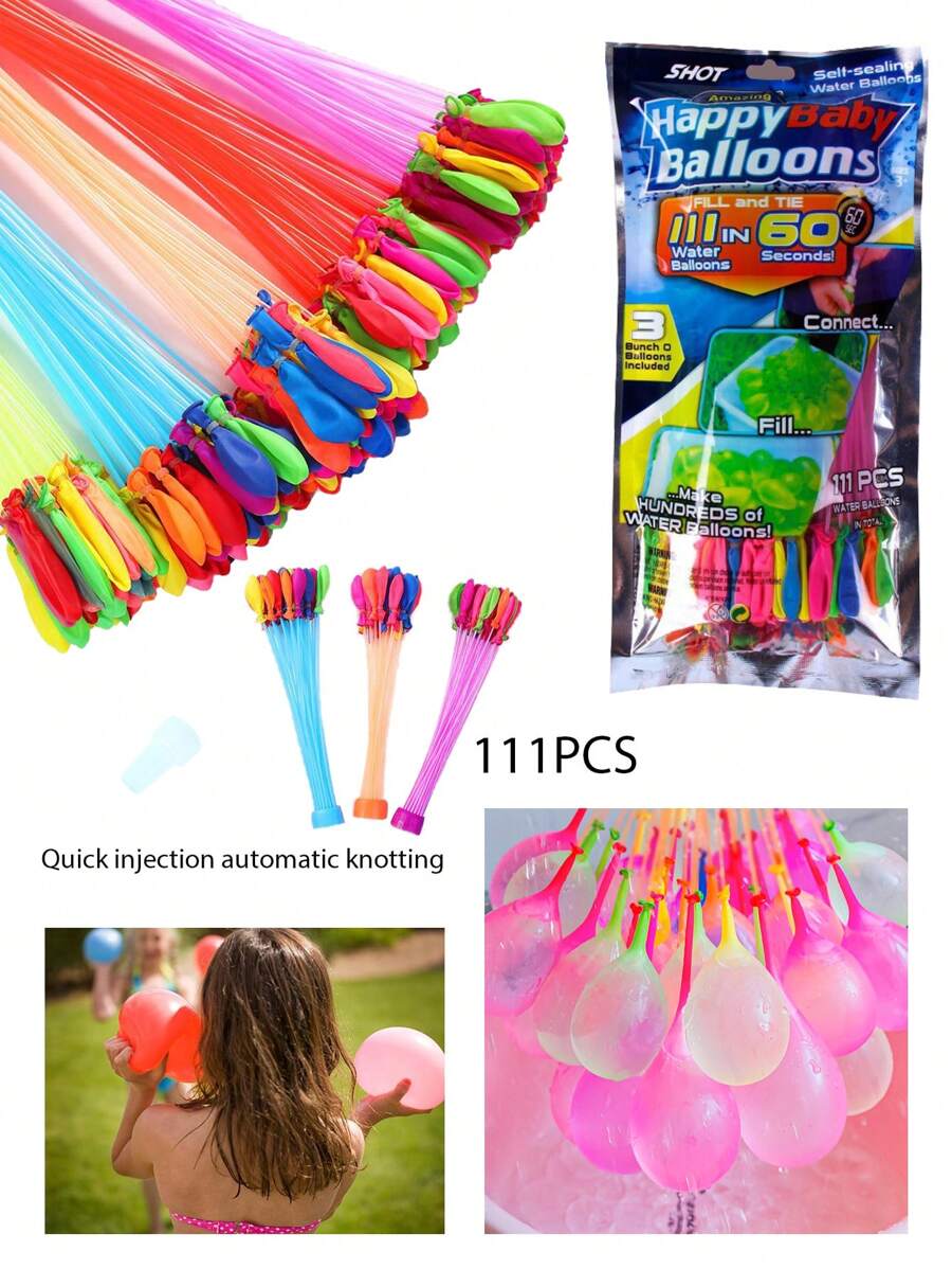 37PCS/111PCS 水球夏季玩具水球游戏和 100PCS/200PCS/500PCS 气球补充包派对夏季气球，户外灌溉水球，自动打结水球 - 混色 - 查看 1