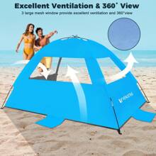 [1pc] Beach Tent Sun Shelter For 3/4-5/6-7/8-10 Person, UPF 50+ UV Protection Beach Canopy, Lightweight And Easy Setup Cabana, Portable Beach Shade Tent - Nơi trú ẩn màu xanh da trời - Xem 2