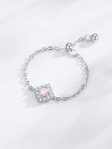 1枚925纯银可调节粉色方形戒指，优雅珠宝，女士日常佩戴礼物 - 銀色 - 查看 4