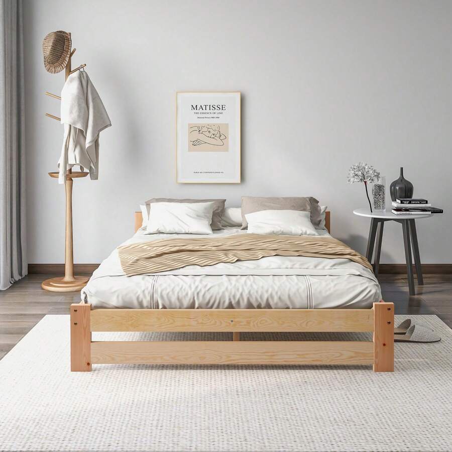 KOMHTOM KOMHTOM Futonbett, Massivholzbett Doppelbett mit Kopfteil und Lattenrost, 200x140cm,Solide Massivholzbett Futonbett Massivholz Natur Bett aus mit Kopfteil und Lattenrost , Natur (200x140cm)