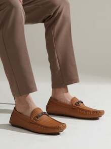 SHOESMALL Men's Metal Decor Brown Casual Loafers Crocodile Printed Slip On Shoes  Penny Leisure Round Toe Flat Shoes For Outdoor Manfinity Unisex - AMY3044A-棕色 - 查看 8