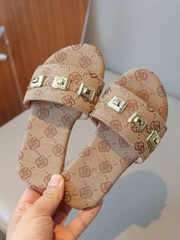 Girls' Flower Printed Rhinestone Slippers, Fashionable And Elegant, Slip-On Design For Easy Wearing, Perfect For Summer Indoor And Outdoor Parties, Asymmetric Pattern