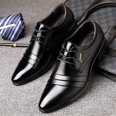 Spring And Autumn New Style Men's Business Pu Leather Shoes, British Style Pointed Toe, Lace-up, Low-cut, Plus Size Pu Leather Shoes