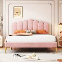KOMHTOM Cama doble tapizada de 140 x 200 cm, estructura de cama con cabecero y somier, cama para adultos y jóvenes, cama para invitados de tejido de terciopelo agradable para la piel - Rosa - Ver 1
