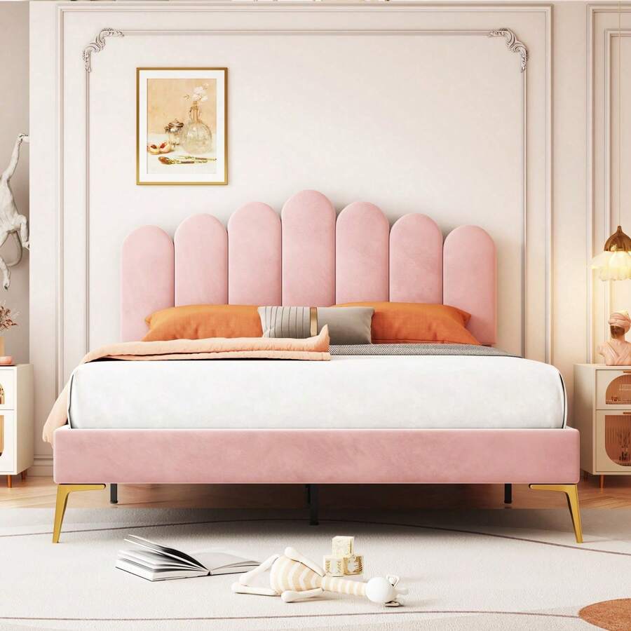 KOMHTOM Cama doble tapizada de 140 x 200 cm, estructura de cama con cabecero y somier, cama para adultos y jóvenes, cama para invitados de tejido de terciopelo agradable para la piel - Rosa - Ver 1