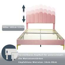 KOMHTOM Cama doble tapizada de 140 x 200 cm, estructura de cama con cabecero y somier, cama para adultos y jóvenes, cama para invitados de tejido de terciopelo agradable para la piel - Rosa - Ver 8