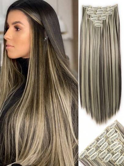 夾式合成纖體頭, 自然長直髮, 7片16夾設計的女性髮片, 黑棕配白金色亮點。