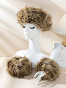 1pc Fluffy Headband Hat & 2pcs Fluffy Arm Warmer Set Winter Fall