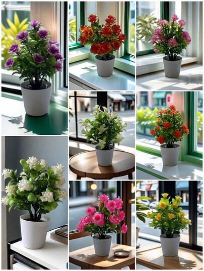 1pc Artificial Green Plant Potted Decor, Fake Plastic Flower Bonsai, Mini Desktop Ornament For Living Room And Office