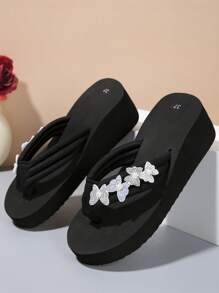 Wedge Heel Women's Slippers, Rhinestones Platform Flip Flops With Thick Bottom - Black - View 5