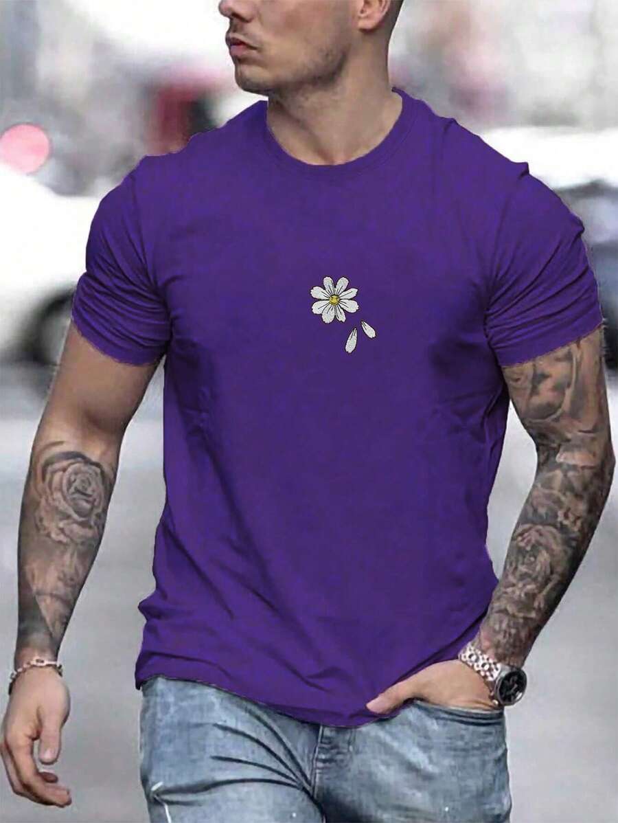 Men's Floral Embroidery Drop Shoulder T-Shirt - 紫羅蘭色 - 查看 1