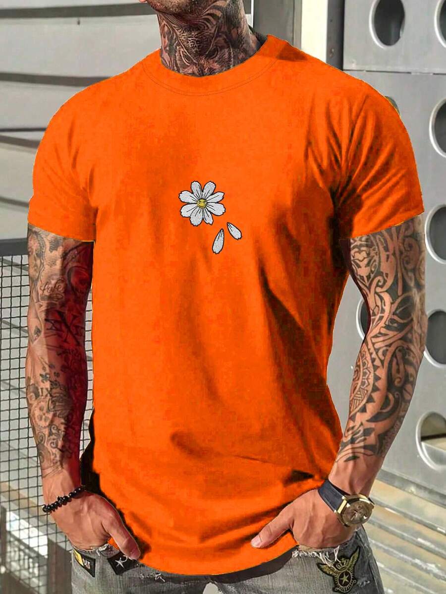 Men's Floral Embroidery Drop Shoulder T-Shirt - 橘色 - 查看 1