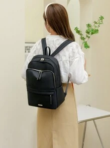 Sac à dos unicolore polyvalent de grande capacité de couleur unie - Noir - Voir 2