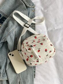 Corduroy Crossbody Bag With Fashionable Strawberry Print, Stylish And Versatile Lightweight Shoulder Bag, & Cute Strawberry Purse Valentines, Perfectly Matching With Fall Outfits Women - White - View 8