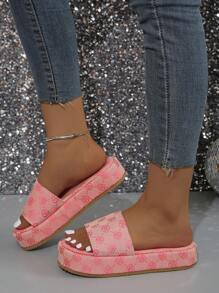 Women's Casual Thick-Soled Slippers 2024, Summer Fashionable Slip-Ons For Dresses Floral Wedge Sandals, Platform Sandals Of Large Size, Ins Fashion - Pink - View 3