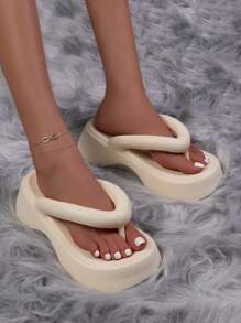 Chanclas con suela gruesa, minimalistas y de moda para mujer, chanclas llamativas - Beis - Ver 3