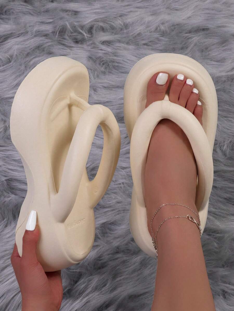 Chanclas con suela gruesa, minimalistas y de moda para mujer, chanclas llamativas - Beis - Ver 1
