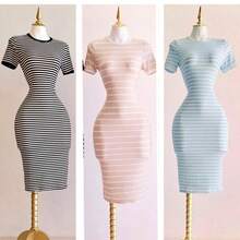 Vestido Largo de Rayas de Manga Corta de Cuello Redondo, Vestido para Mujer Dama Sexy, Vestido Manga Corta, Vestido Entallado, Vestido de cuello Redondo, Vestido Liso, Vestido de Moda para Mujer, Vestido para Mujer, Vestido Largo, Vestidos, Vestidos Elegantes, Vestidos Casuales, Vestido de Fiesta, Vestido de Noche Elegantes, Vestido Liso, Vestido de Moda para Mujer, Vestido para Mujer, Vestido - Negro - Ver 2